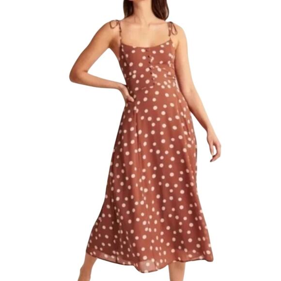 Abercrombie & Fitch Polka Dot Tie Straps Midi Dress Size XS Petite Brown & White - Picture 1 of 16